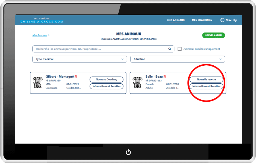 Mon compte Cuisine-a-crocs - information et recettes de mon animal